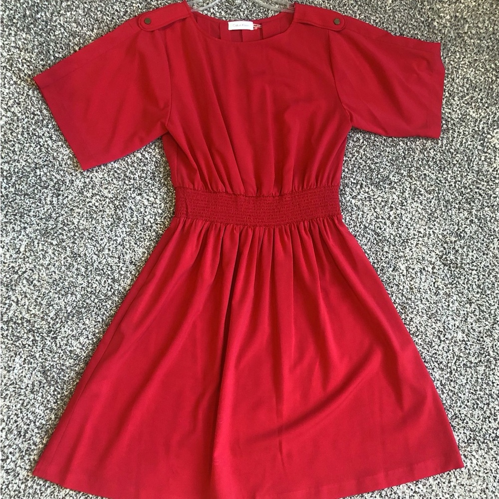 Calvin Klein Red Short Sleeve Smocked Waist Dress